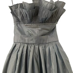 Vintage Victor Costa Blue Gray Strapless Ruffle Pleat Bodice Evening Gown